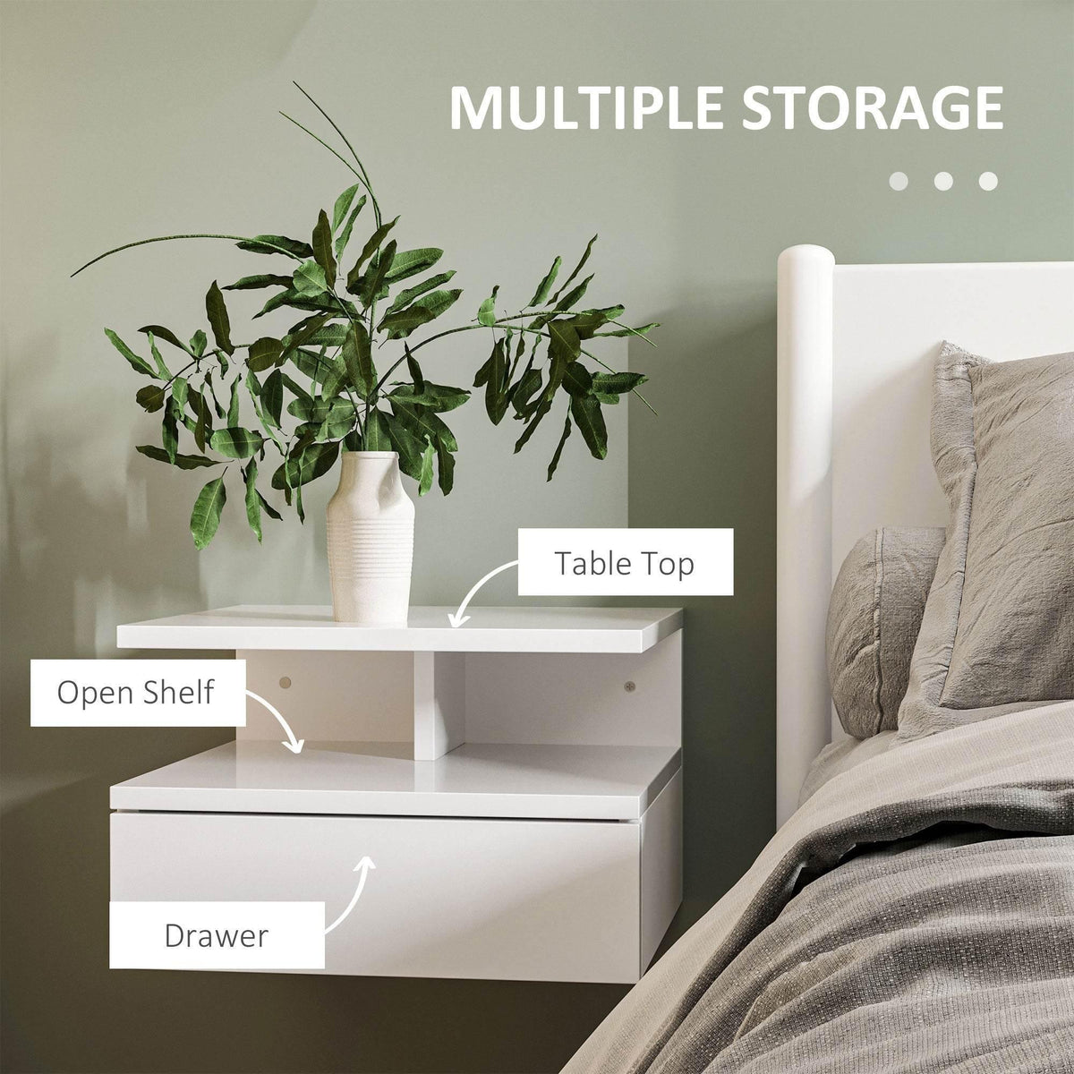 White floating nightstand featuring an open shelf and a front drawer