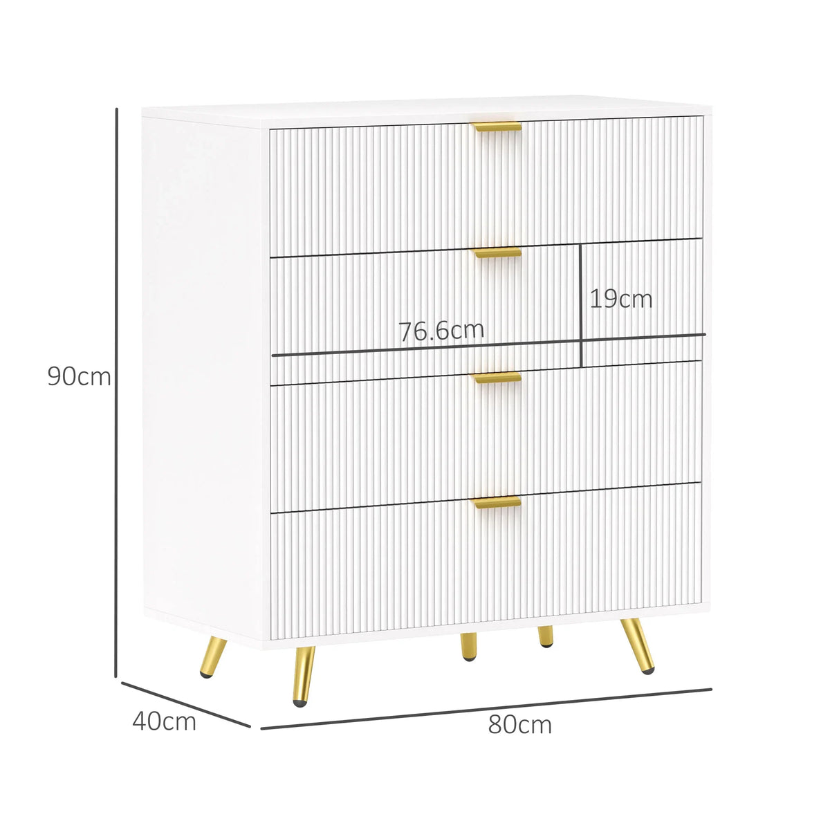 White four-drawer cabinet, side view with gold handles and size 90x80x19 cm