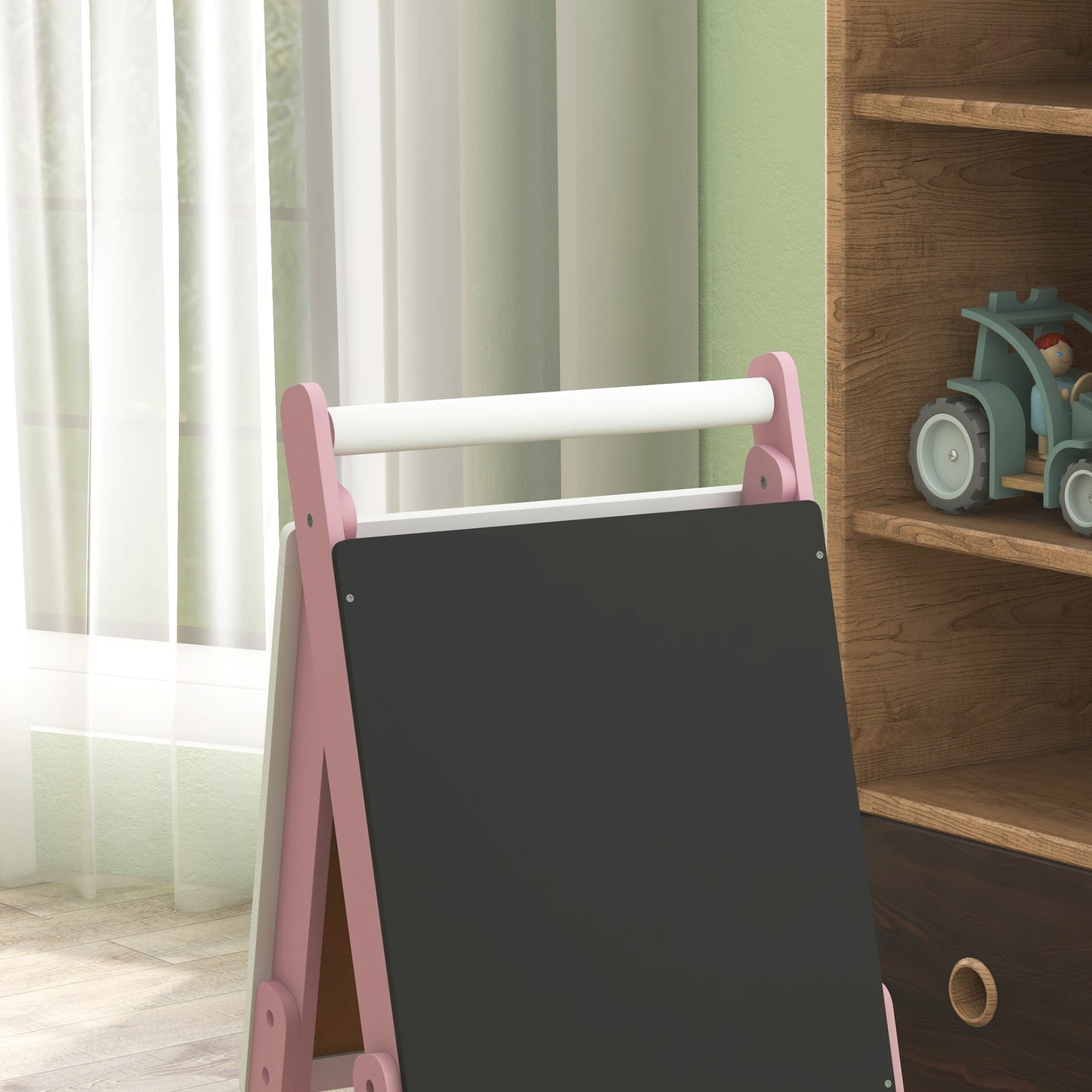 AIYAPLAY Three In One Kids Easel With Paper Roll Blackboard Whiteboard Adjustable Height Pink