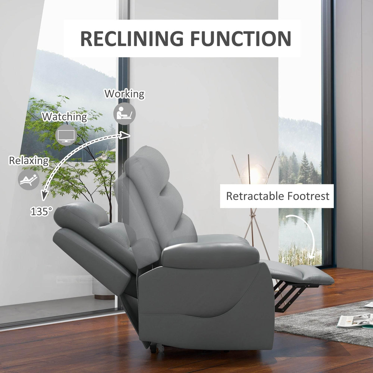 Gray recliner chair with retractable footrest and reclined backrest