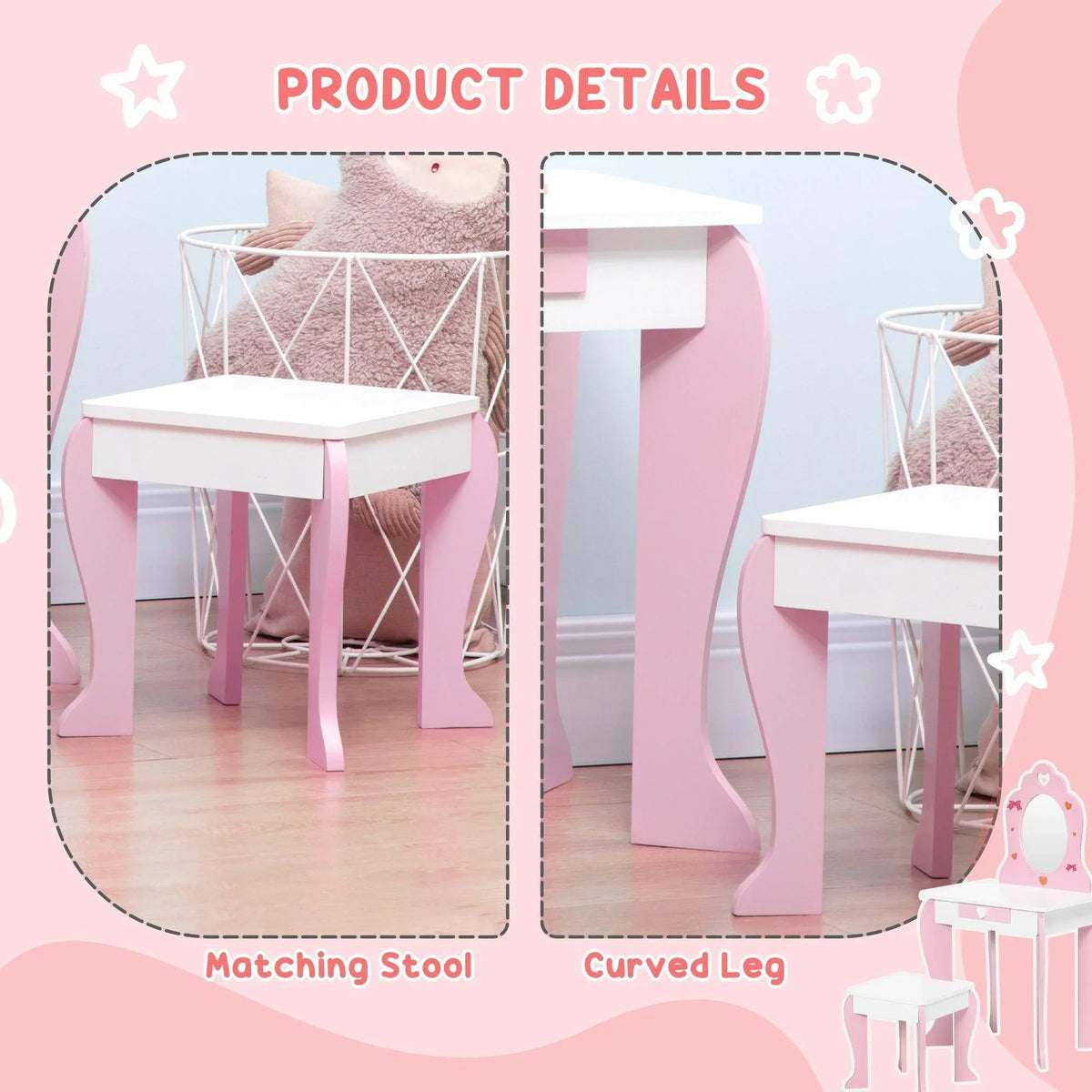 Pink kids vanity table with curved legs and matching stool, plus open storage shelf