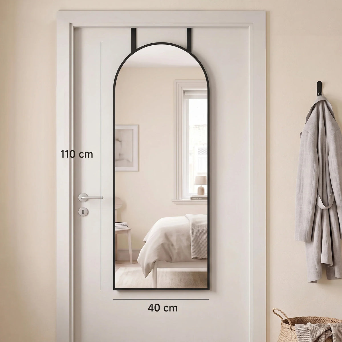 Arched full-length wall mirror with black frame, 40 cm wide and 110 cm tall