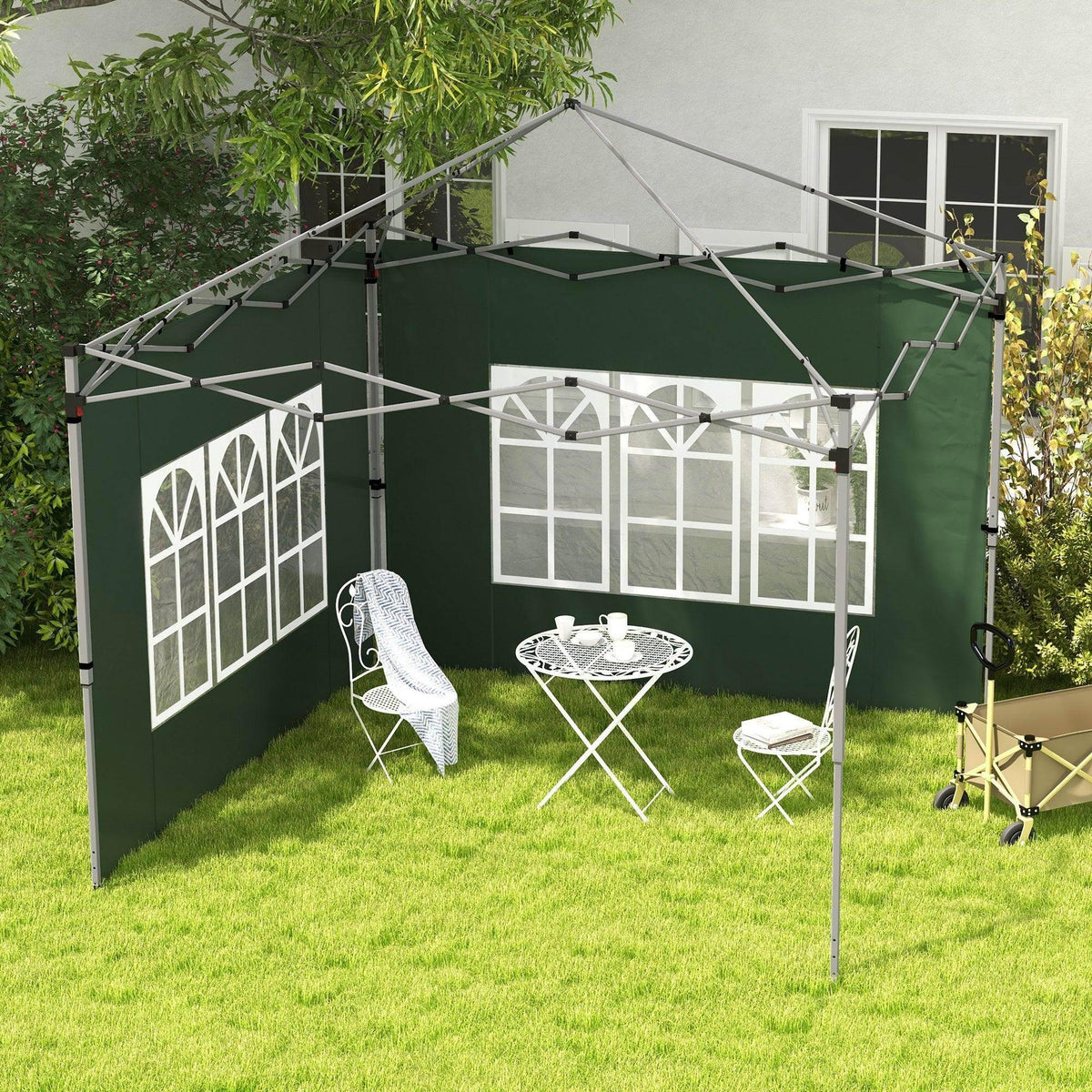 Green gazebo side panels with white arched window cutouts and metal attachment points