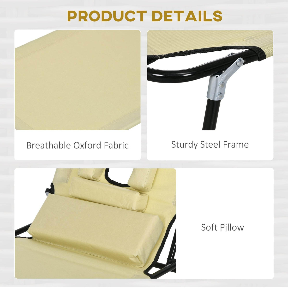 Beige breathable Oxford fabric recliner with sturdy steel frame and soft pillow