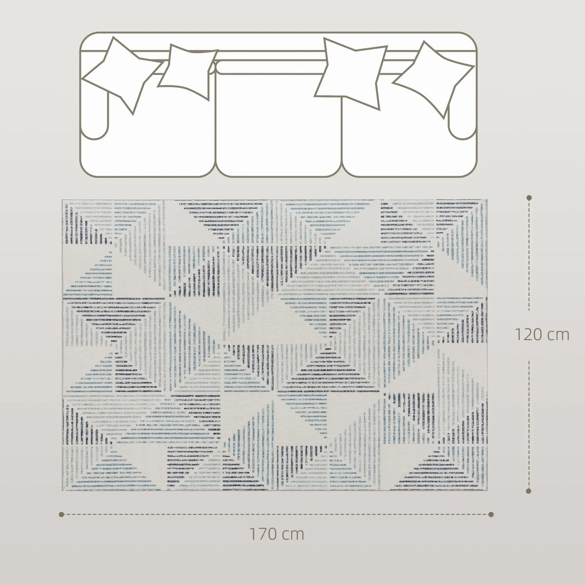 Geometric pattern area rug layout with size marks 170 x 120 cm