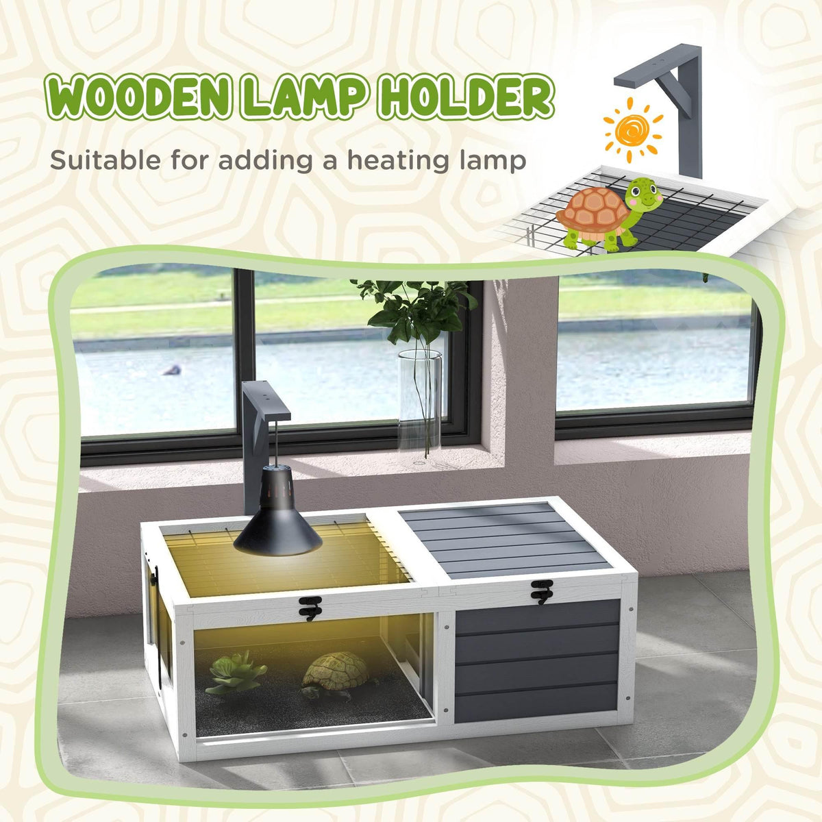 Wooden tortoise habitat with black lamp holder above wire mesh basking area