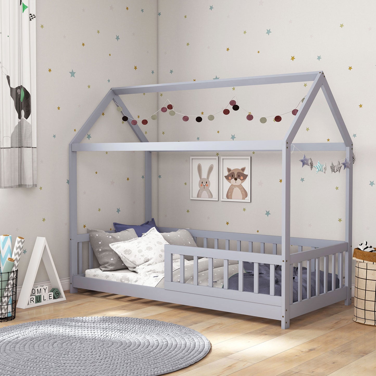 HOMCOM House Shaped Kids Bed Frame With Guard Rails Solid Pine Wood Single Bed Frame For Kids Boys And Girls Grey