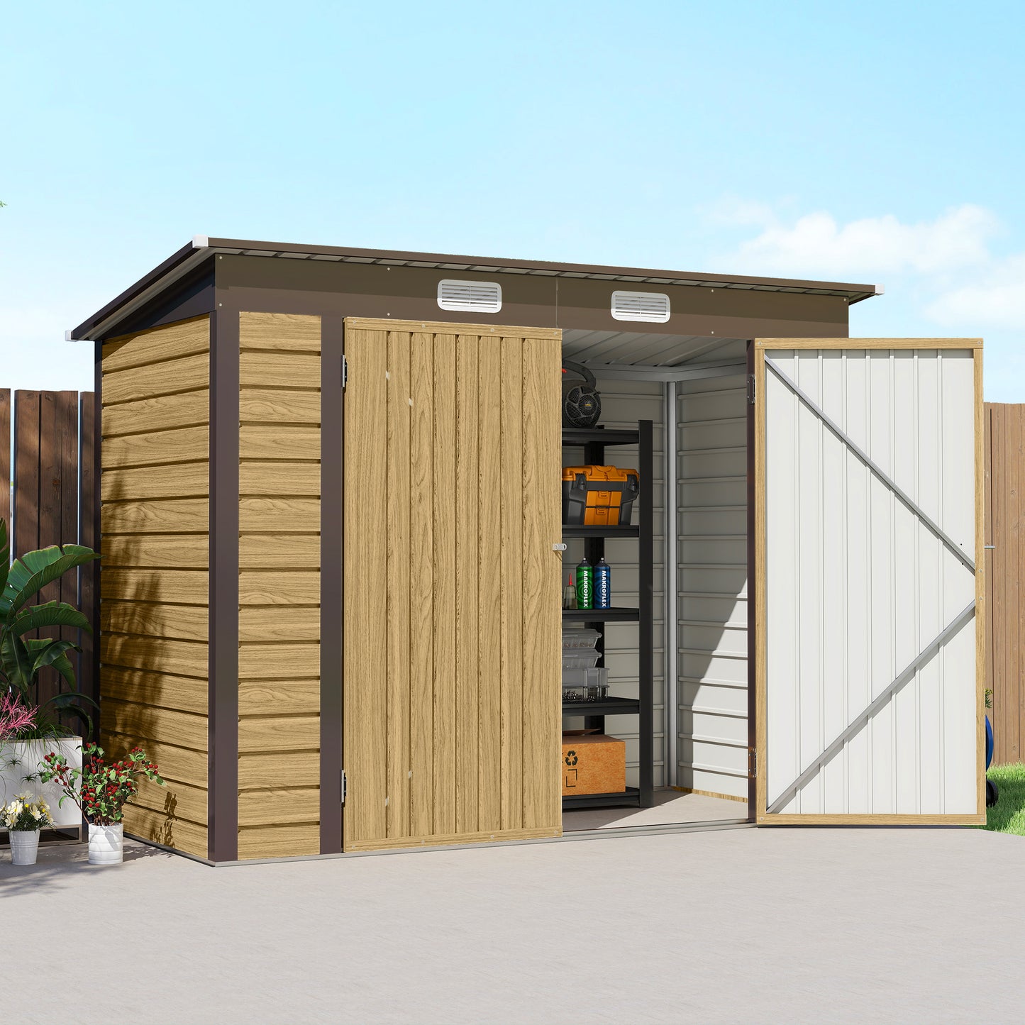 Outsunny 3.7 By 7.9 Ft Galvanised Steel Shed With Latched Door And Padlock Oak Finish