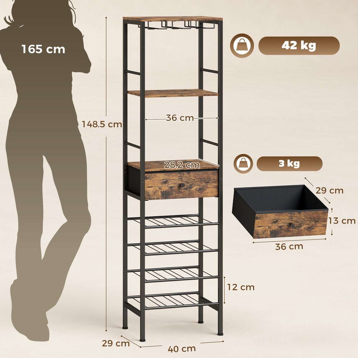Freestanding wine bar cabinet with black metal frame, open shelves, and drawer