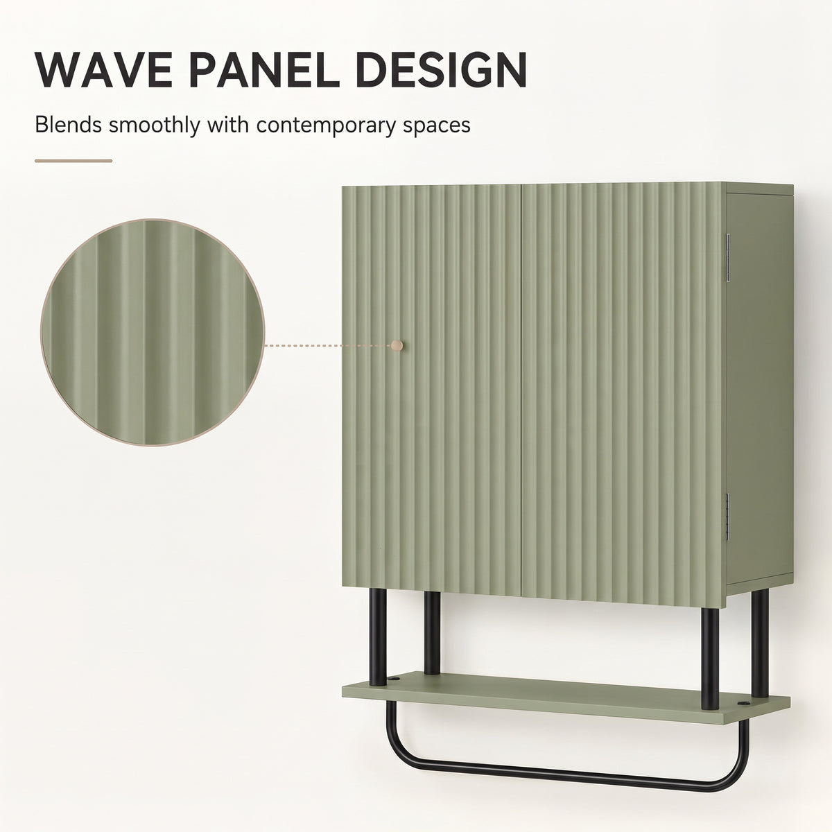 Green wave-panel cabinet door with open shelf and curved towel bar, wall-mounted
