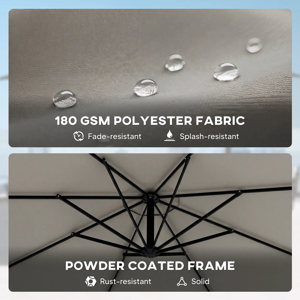 Grey cantilever parasol fabric panel and powder-coated frame detail