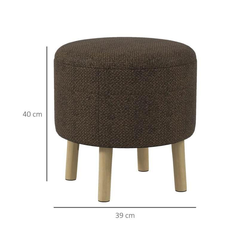 Brown round ottoman stool with padded seat and four tapered light wood legs