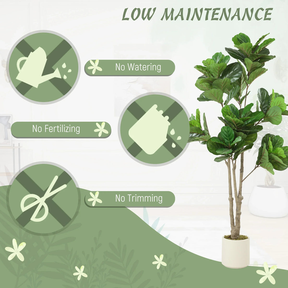 Artificial fiddle-leaf fig tree with green leaves and textured trunk in white planter
