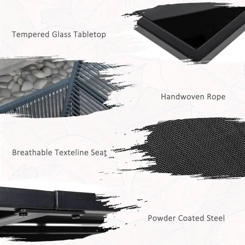 Tempered glass tabletop with rope back, breathable textilene seat, powder-coated steel frame