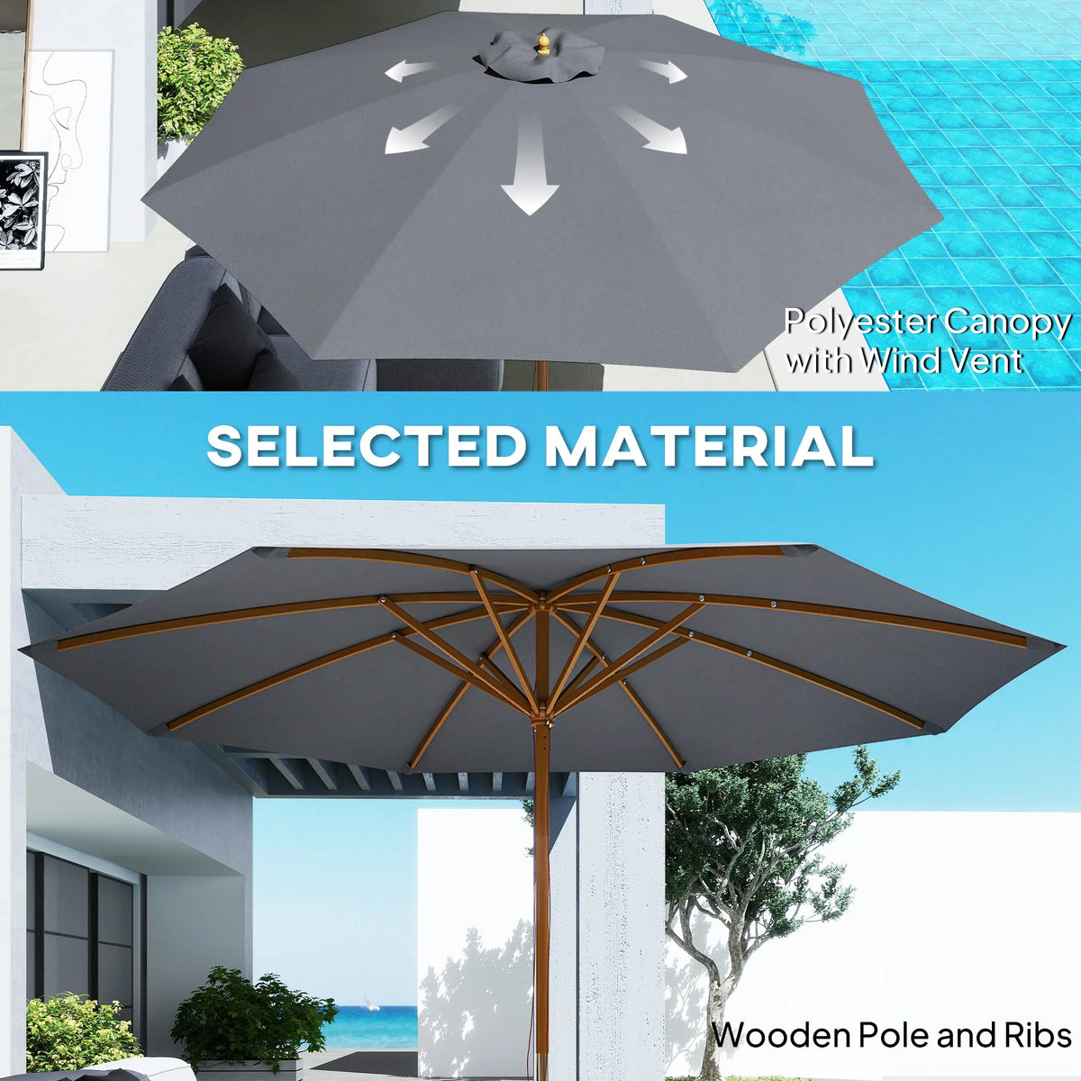 Grey parasol umbrella with polyester canopy, wind vent, and wooden ribs