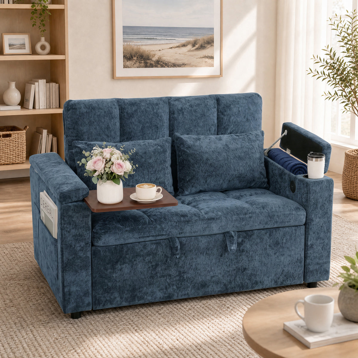 Dark blue 2-seat sofa bed with fold-out sleeper mattress