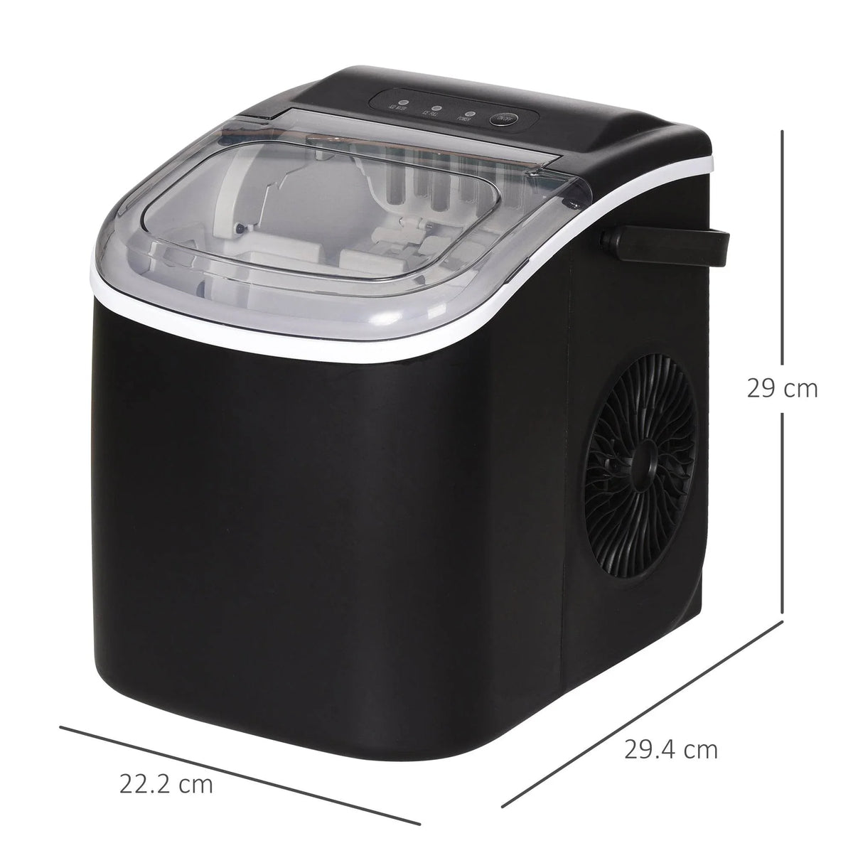 Black countertop ice maker with clear top window and side ventilation fan