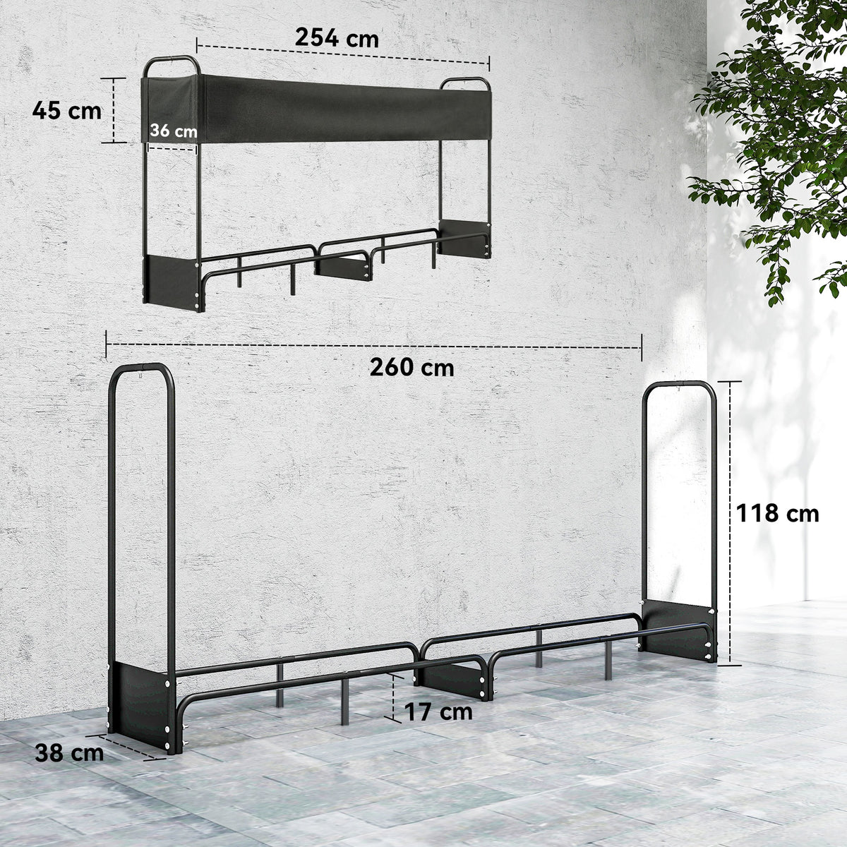 Firewood rack with raised sides, black frame and measurement diagram overlay