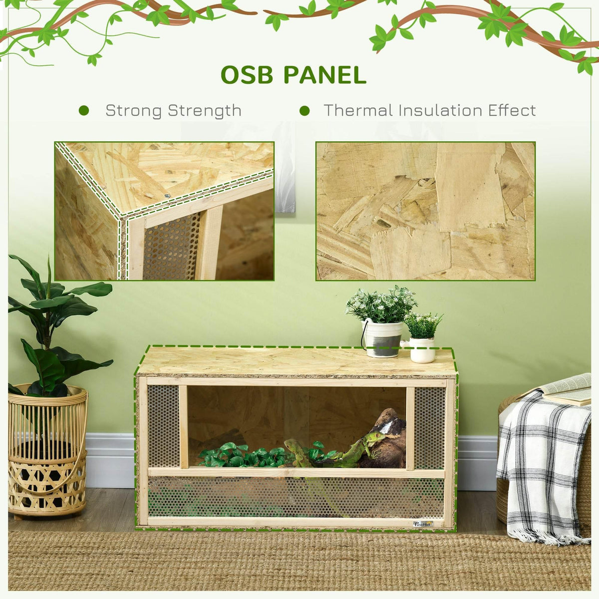 OSB wooden reptile habitat with vented mesh panels and open front viewing area