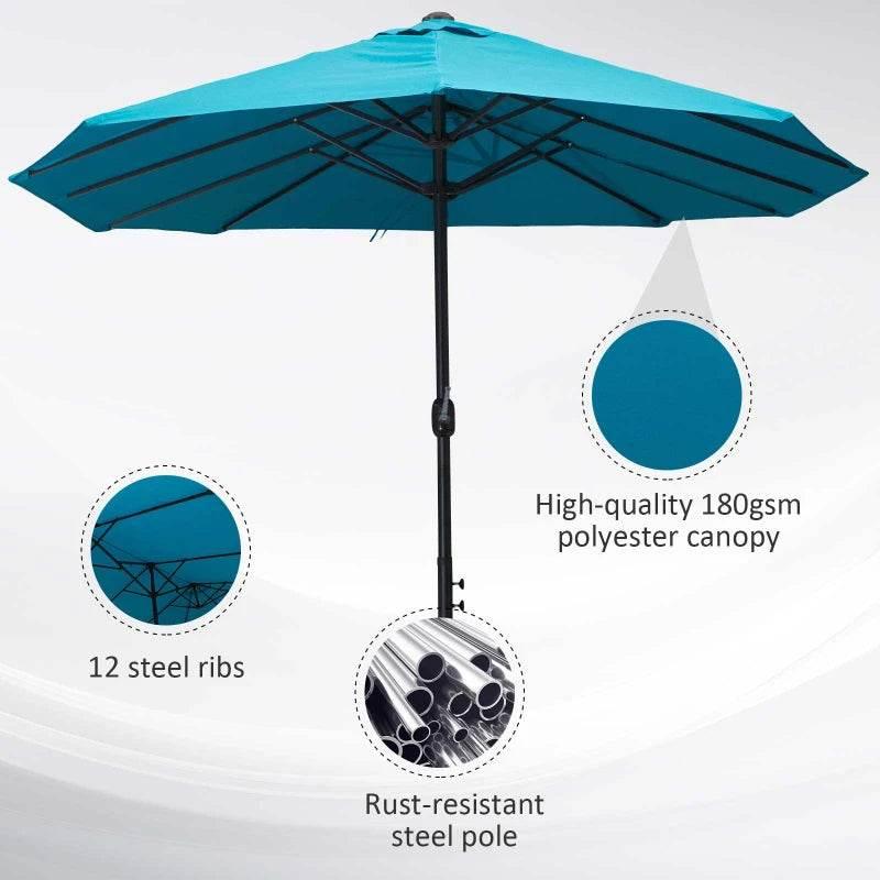 Large teal-blue patio parasol with 12 steel ribs and rust-resistant black pole