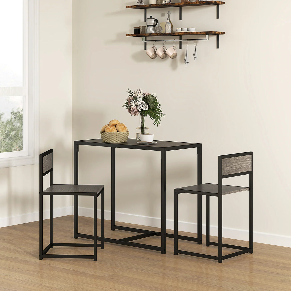 Grey wood-effect rectangular dining table with two matching open-back chairs