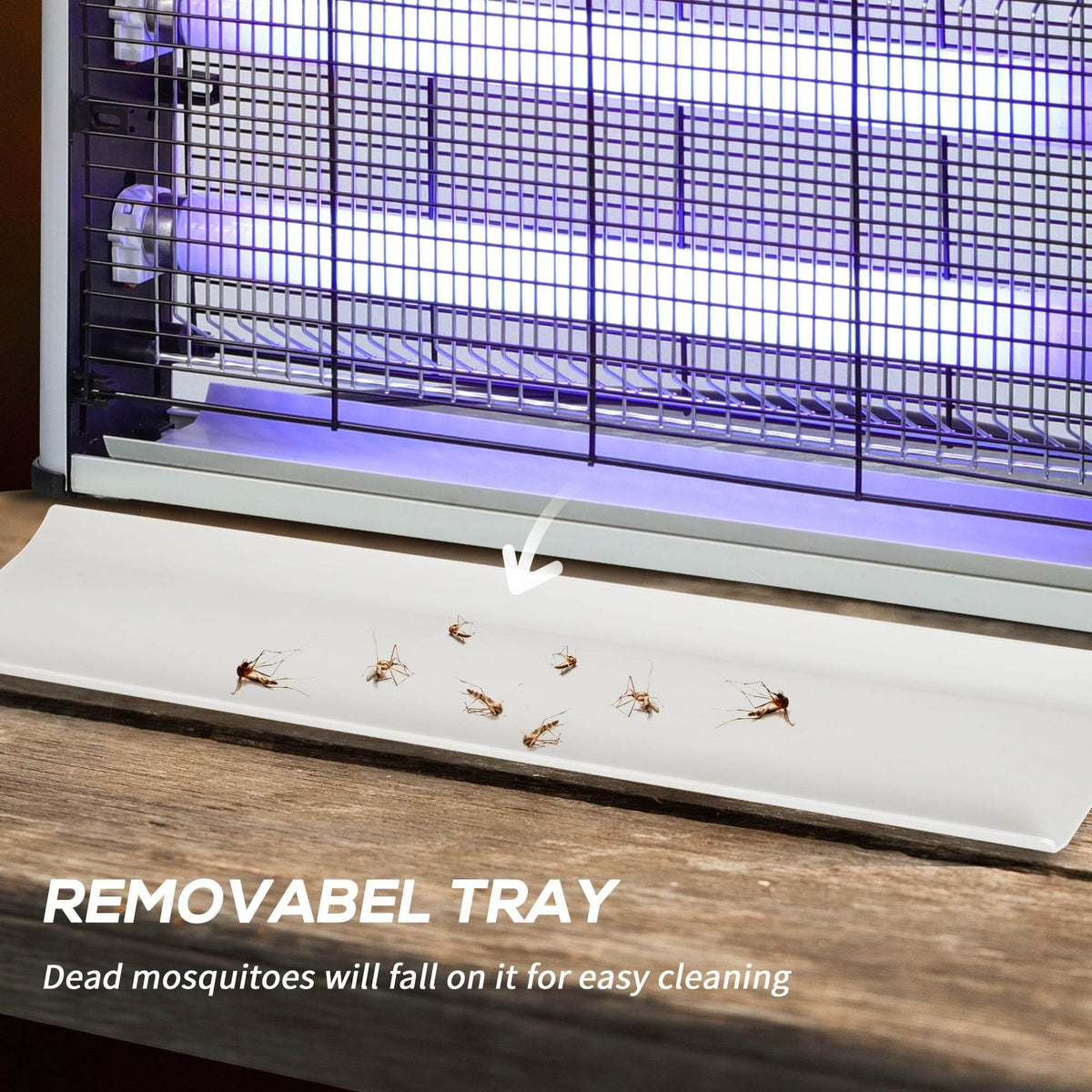 Electric fly zapper removable tray at base with grid and purple UV light glow, silver