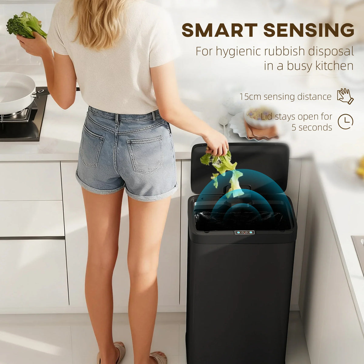 Black 45L touchless sensor bin with lid open, releasing hygienic hands-free disposal