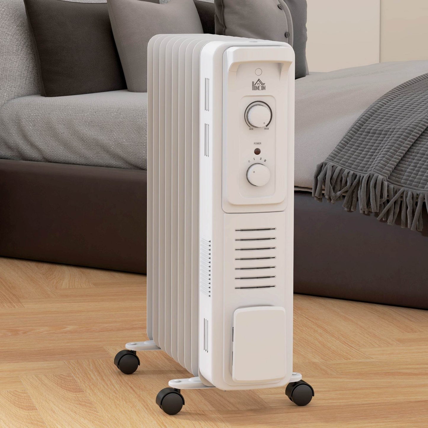 HOMCOM 2000W Energy Efficient 9 Fin Oil Filled Radiator Heater with Adjustable Thermostat and Safety Features, Portable Electric Heater for Home Use, White - ALL4U RETAILER LTD