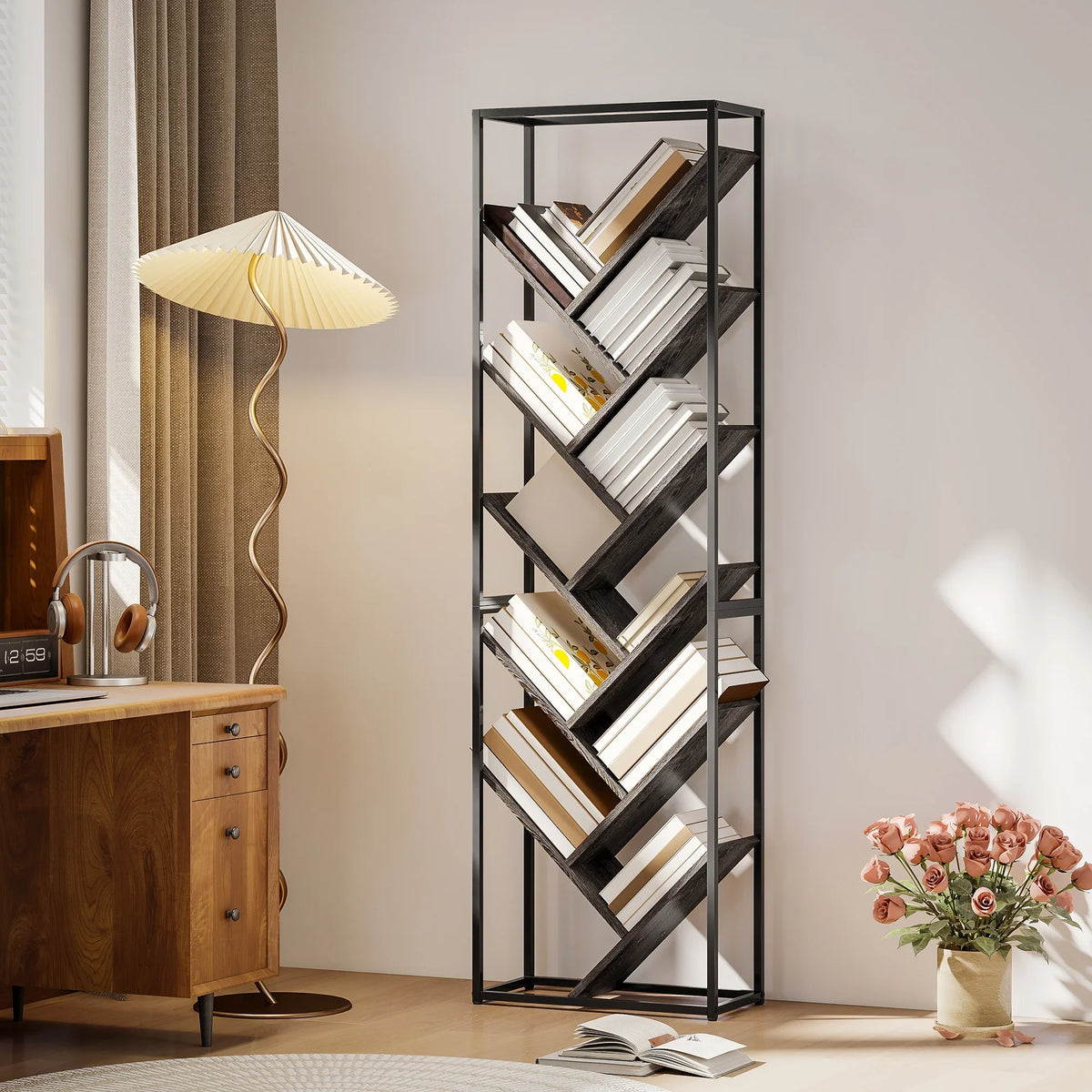 Tall tree-style bookshelf with black metal frame and 10 tier wood-toned shelves