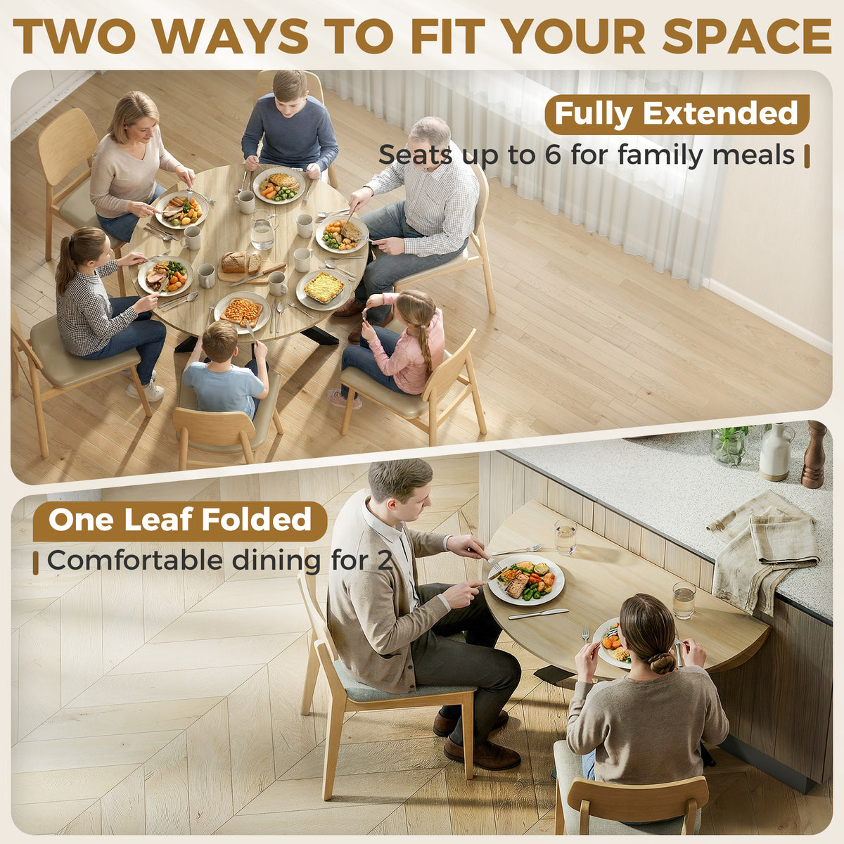 Round dining table shown with one leaf folded and fully extended