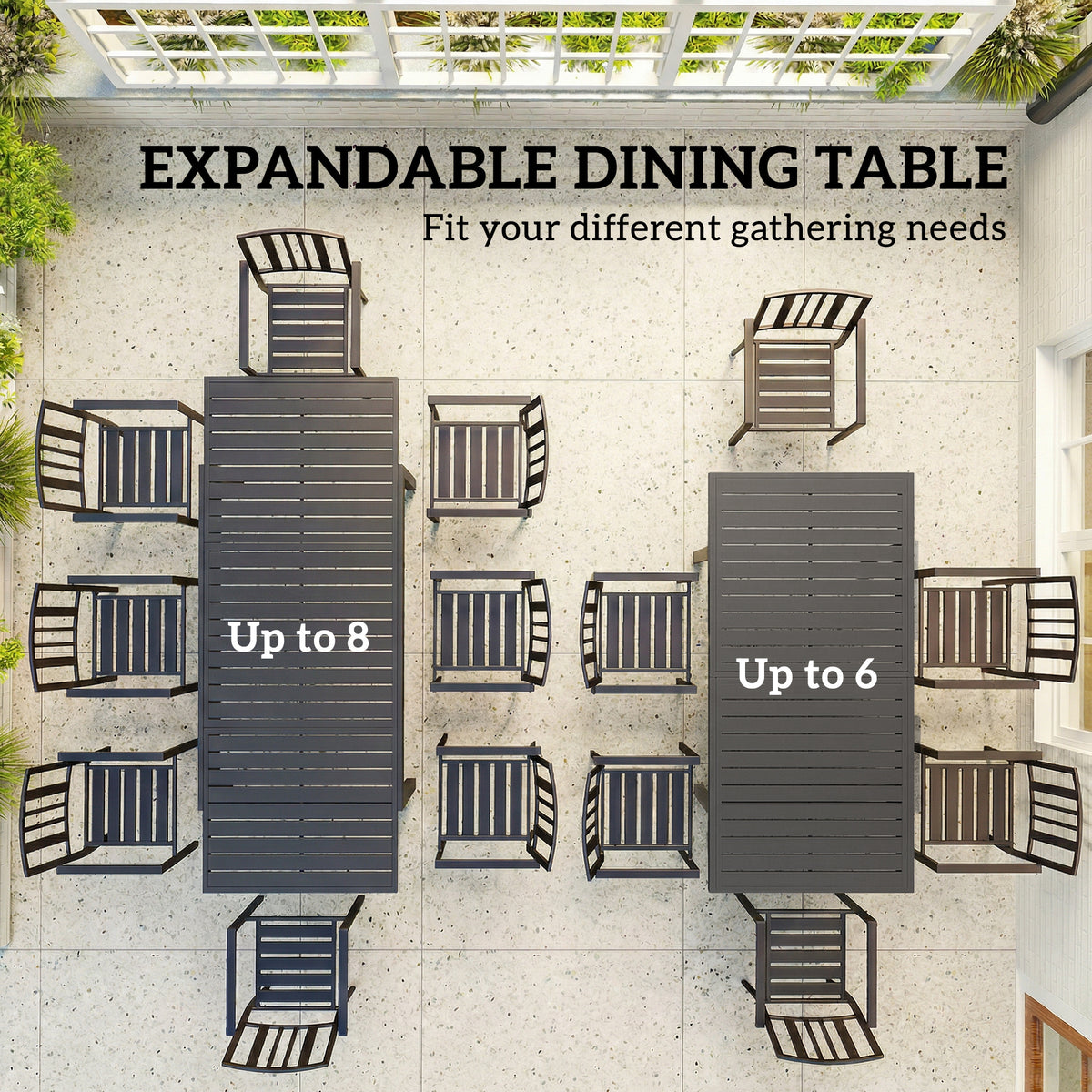 Dark grey expandable outdoor dining table illustration with slatted top and chairs layout