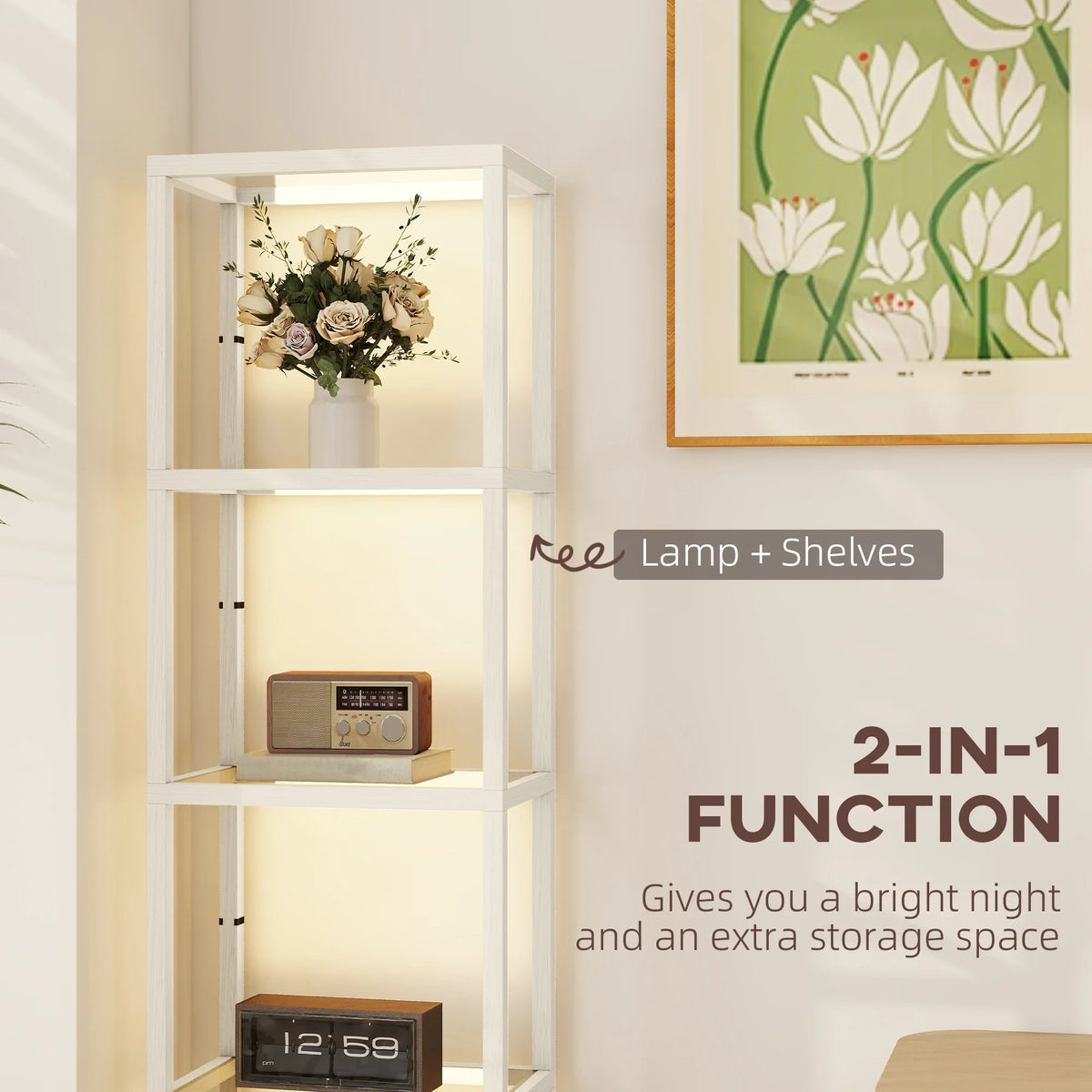 White 4-shelf floor lamp with glowing LED lighting and display shelves