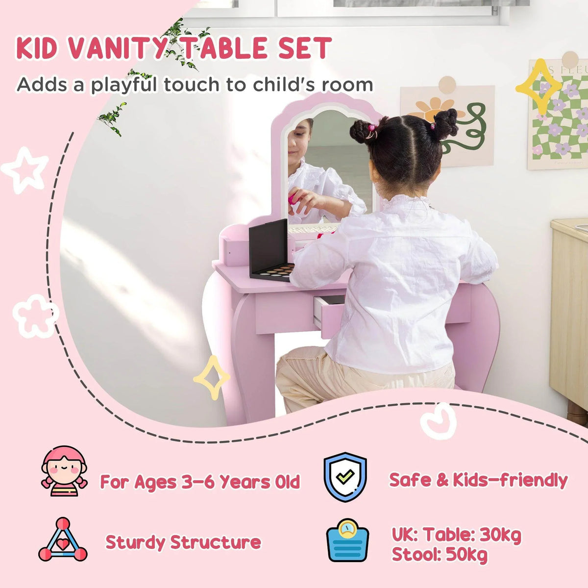 Pink kids vanity table set with cloud mirror and stool, child seated and styling hair