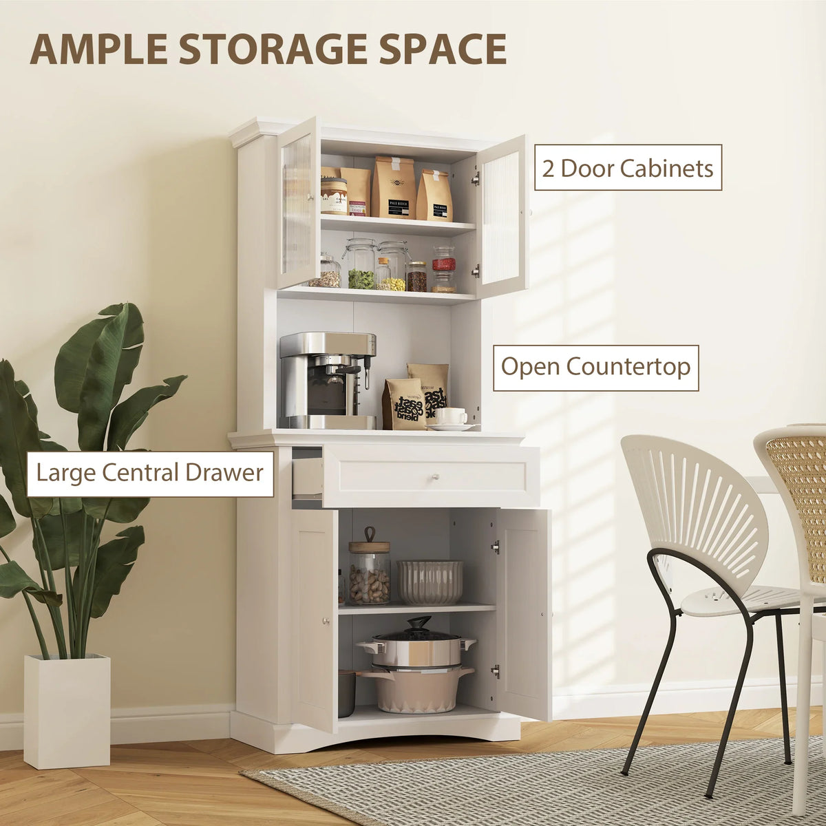 White freestanding kitchen storage cabinet with two door cupboards and center drawer