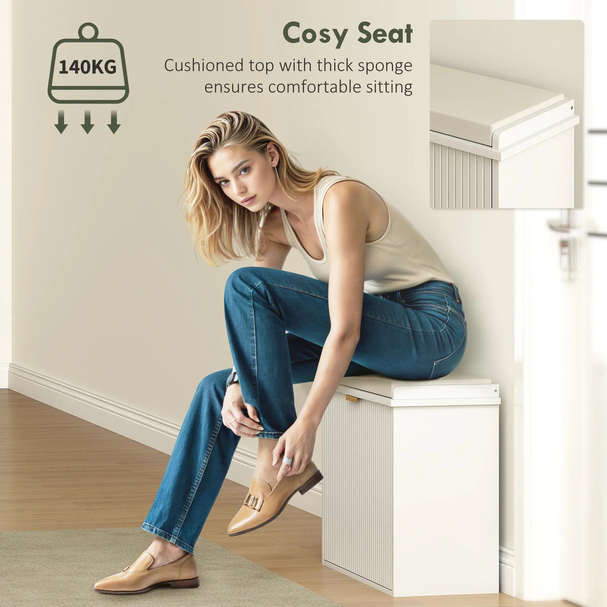 White shoe bench with cushioned seat for comfortable sitting and front storage drawer