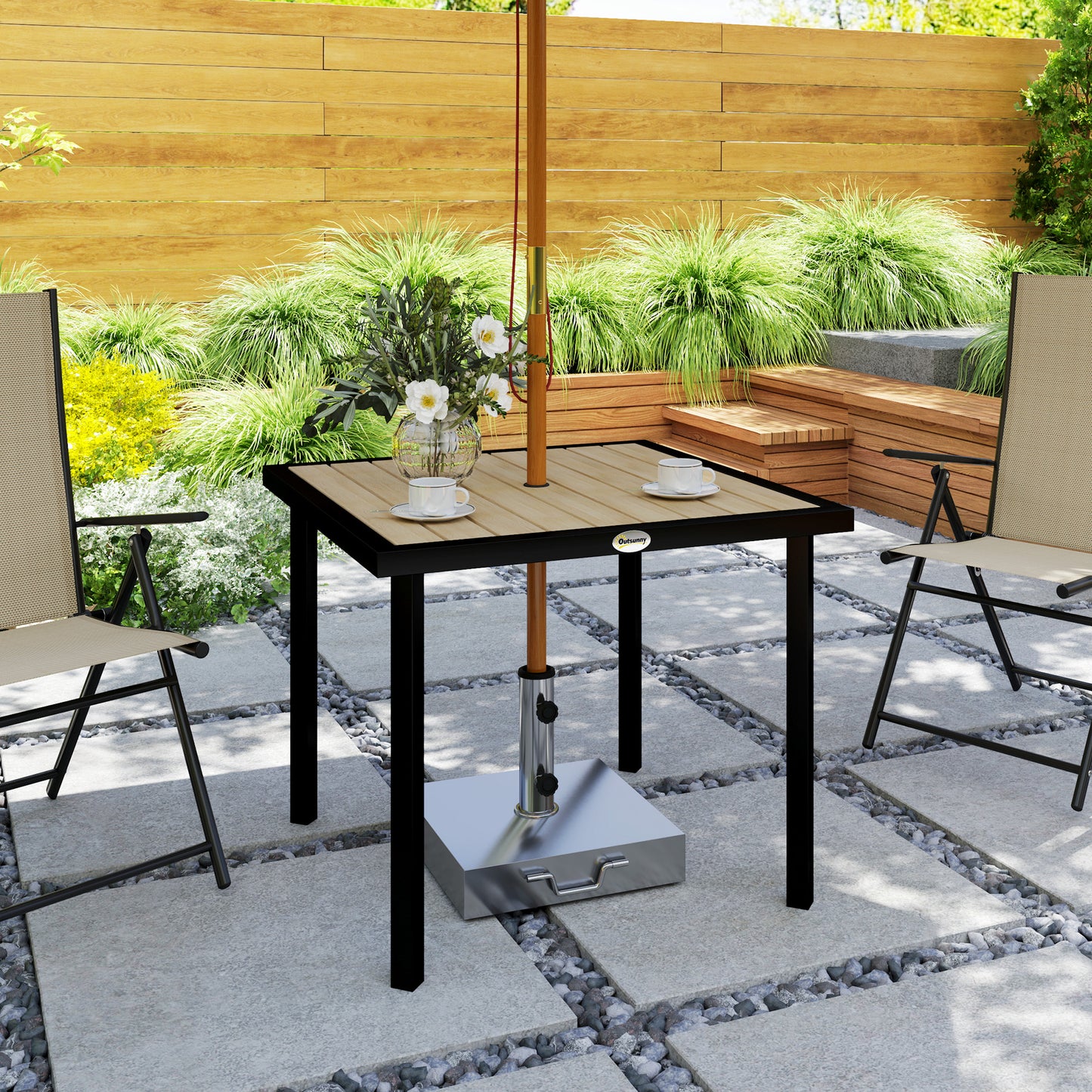 Outsunny Square Garden Dining Table With 54mm Parasol Hole Slatted Top Metal Frame Brown 86x86x71 cm