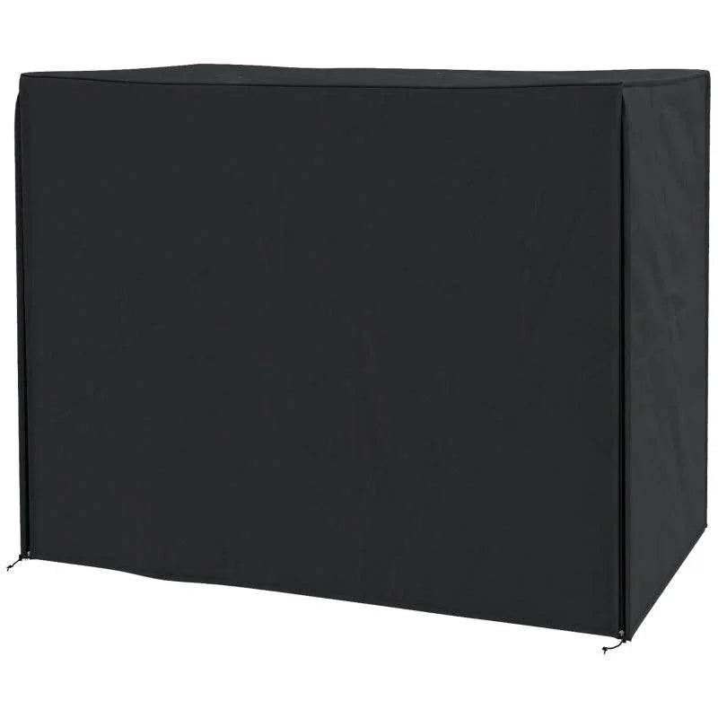 Black weatherproof outdoor furniture cover with taut rectangular panels, side view