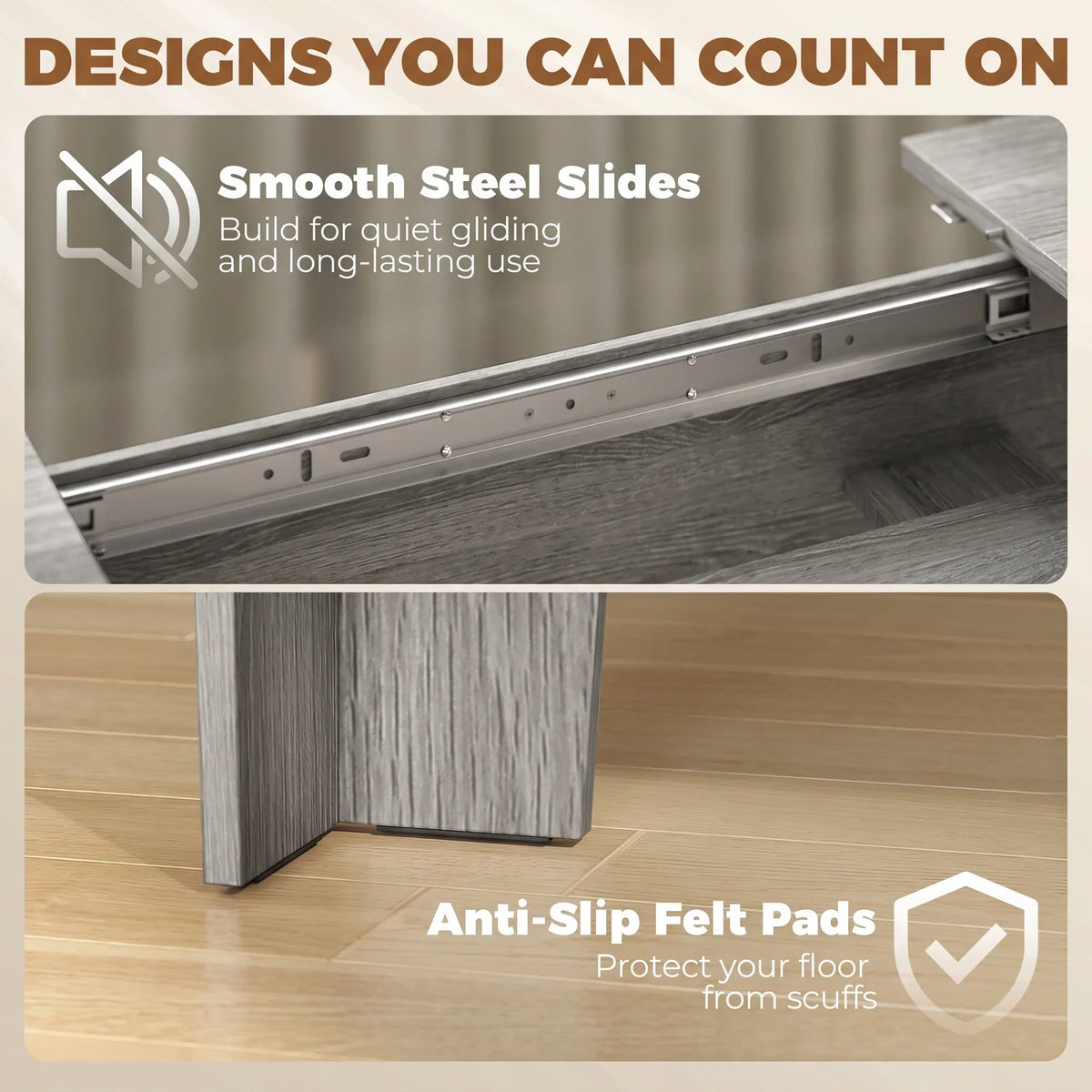 Grey wood-effect extendable oval dining table showing smooth steel slides under tabletop.