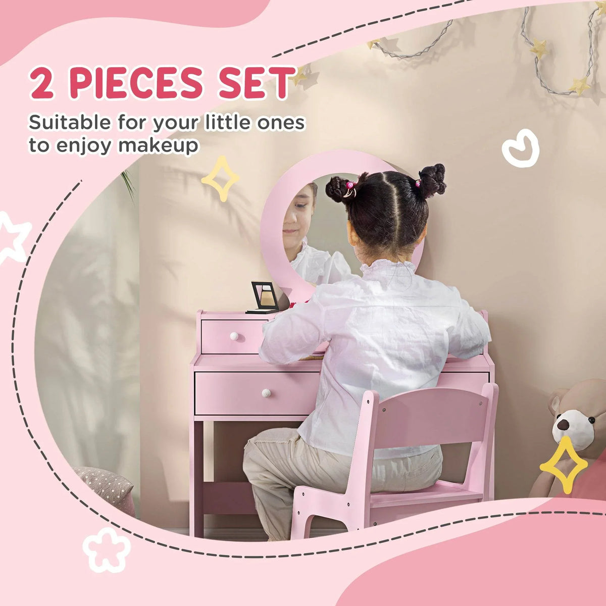 Two-piece kids makeup vanity set with round mirror and stool, child playing makeup