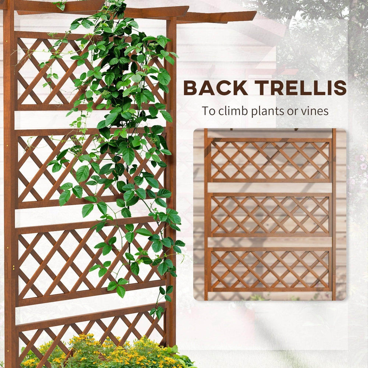 Wooden lattice trellis panel attached to raised planter for climbing plants
