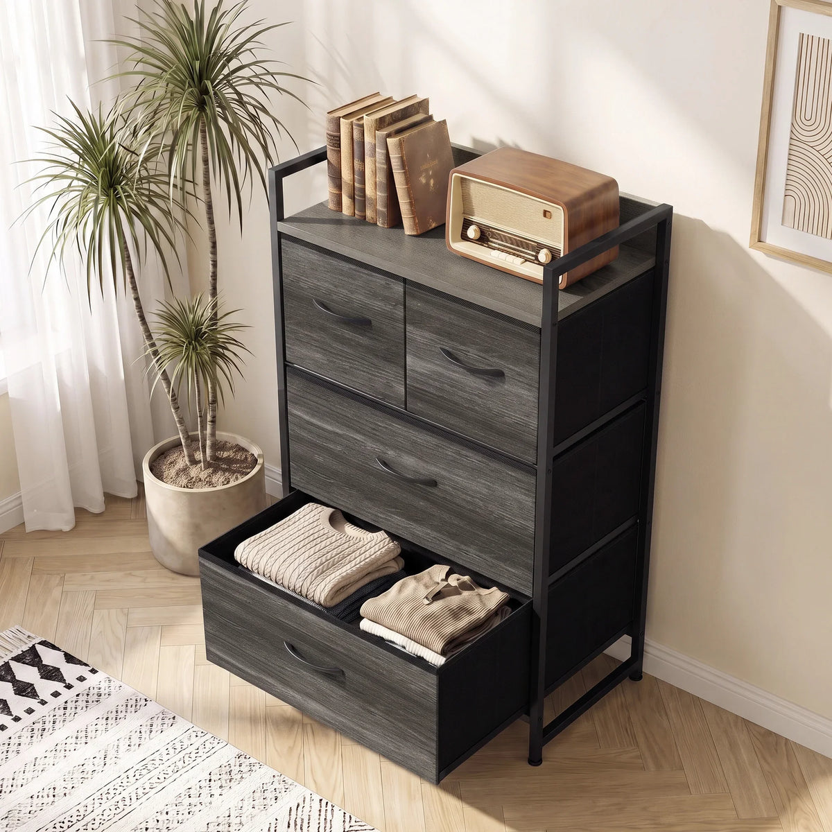 Grey wood-effect dresser with open top shelf and four drawers, black side frame