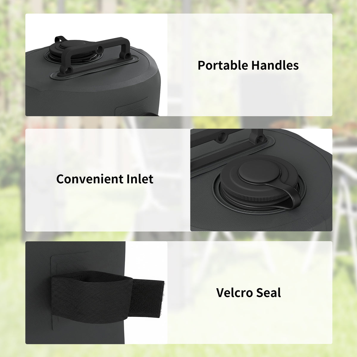 Black portable weight bag with top handle, inlet opening, and Velcro closure seal.