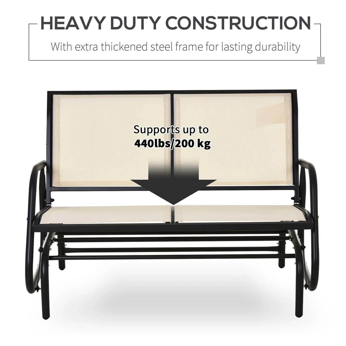 Beige mesh 2-person patio glider bench with dark steel frame and armrests