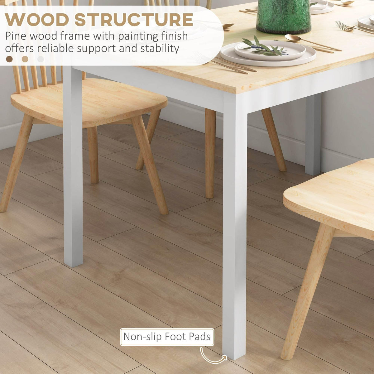 Dining table frame with white legs and light pine top, with non-slip pad details