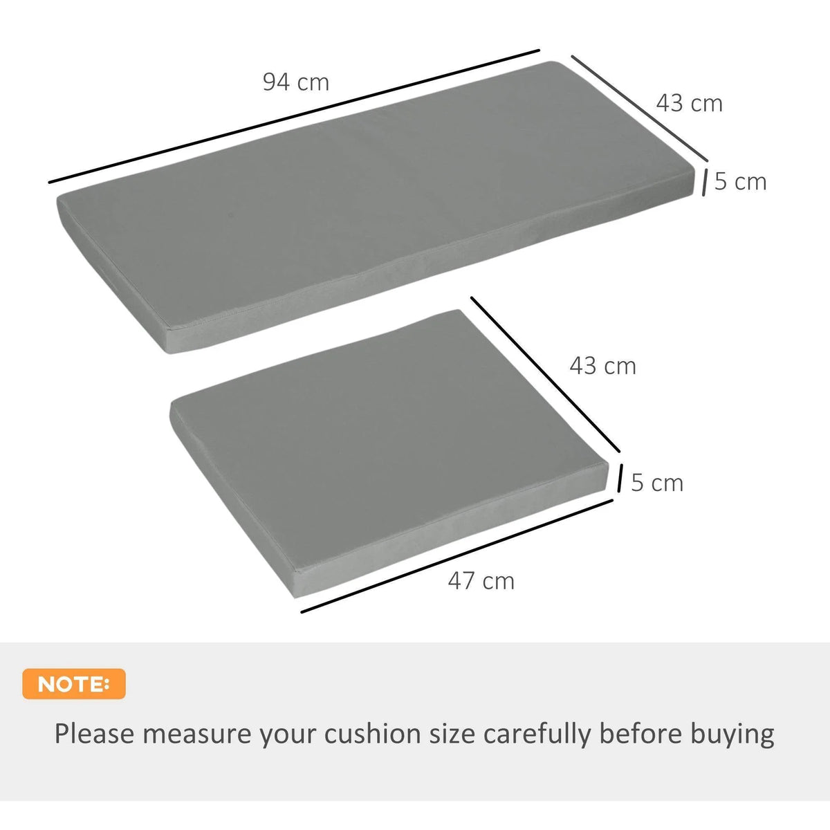Dark grey seat cushion pads with size dimensions shown
