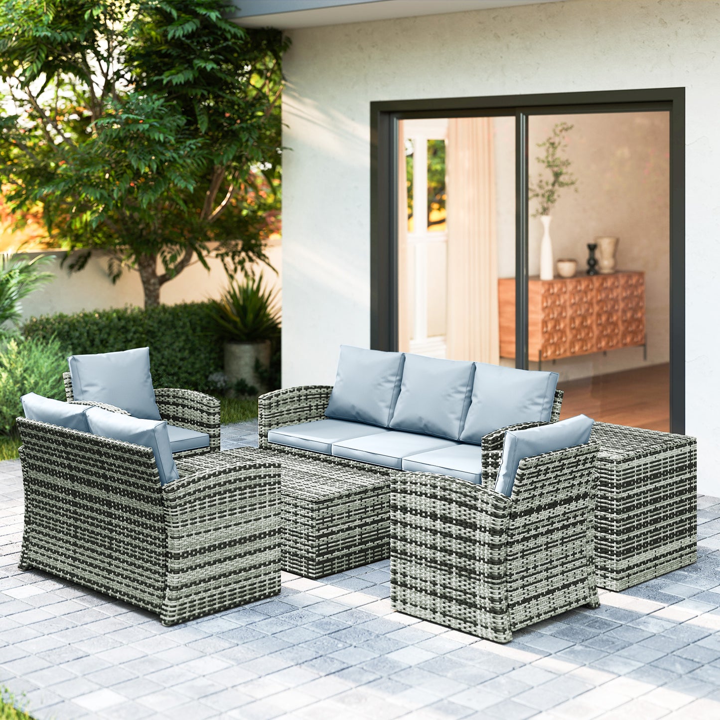 Outsunny 6 Piece Rattan Garden Furniture Set 7 Seater Wicker Outdoor Set With Storage Tea Table And Side Table Grey