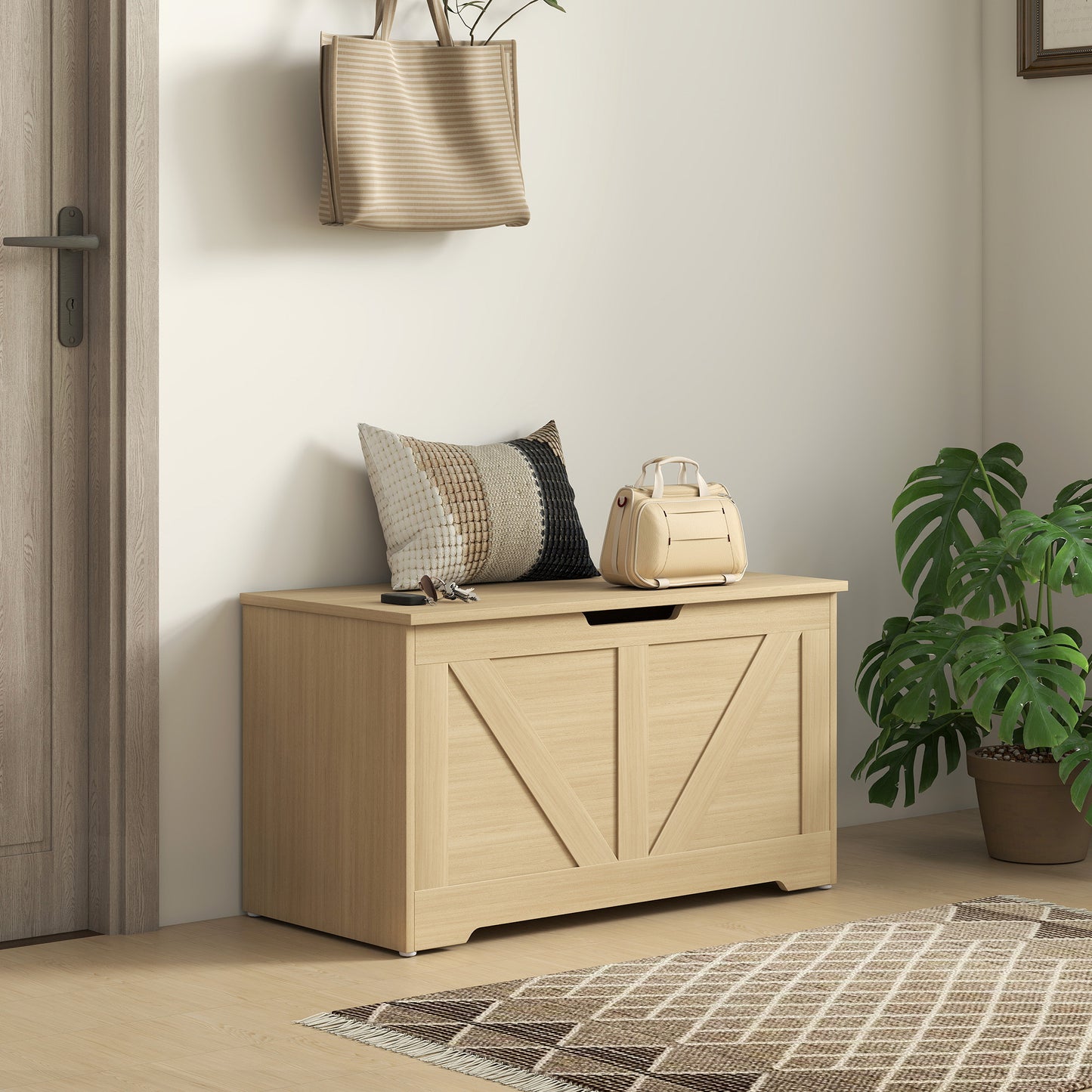 HOMCOM 100L Storage Ottoman Box With Safety Hinges Natural Wood Finish Seat And Storage