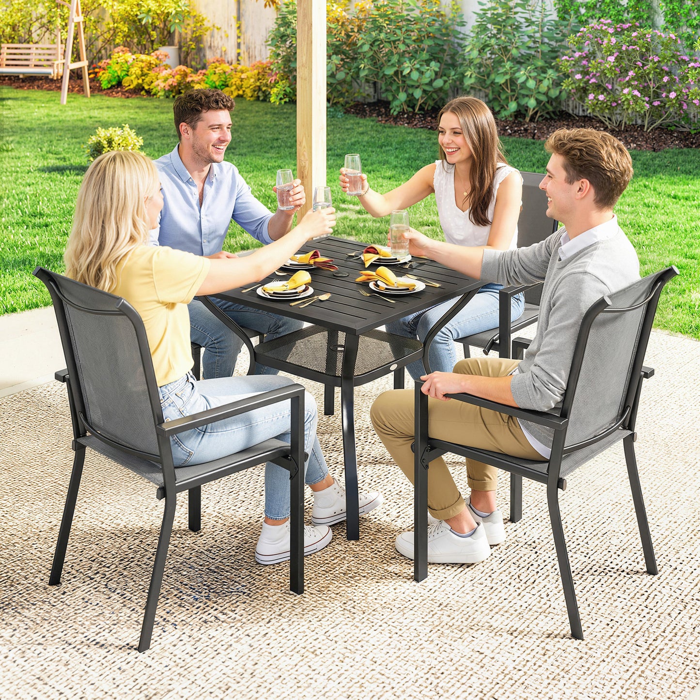 Outsunny 5 Piece Outdoor Dining Set for 4 With Table and Stackable Chairs Breathable Mesh Seats Parasol Hole Grey
