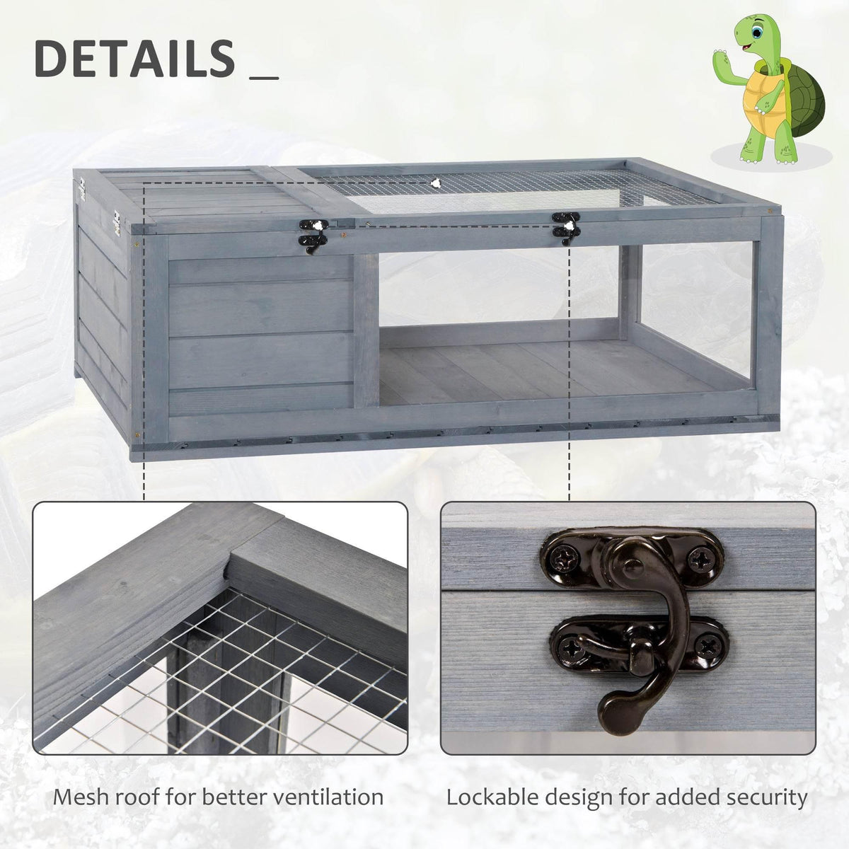 Grey wooden tortoise enclosure with ventilated mesh roof and secure latch doors