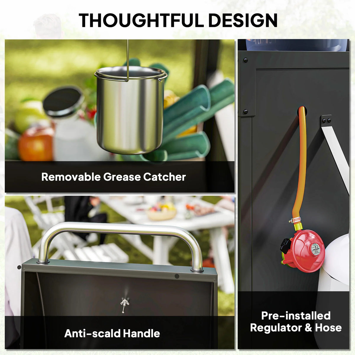 Black BBQ grill with removable grease catcher, anti-scald handle, and regulator hose port